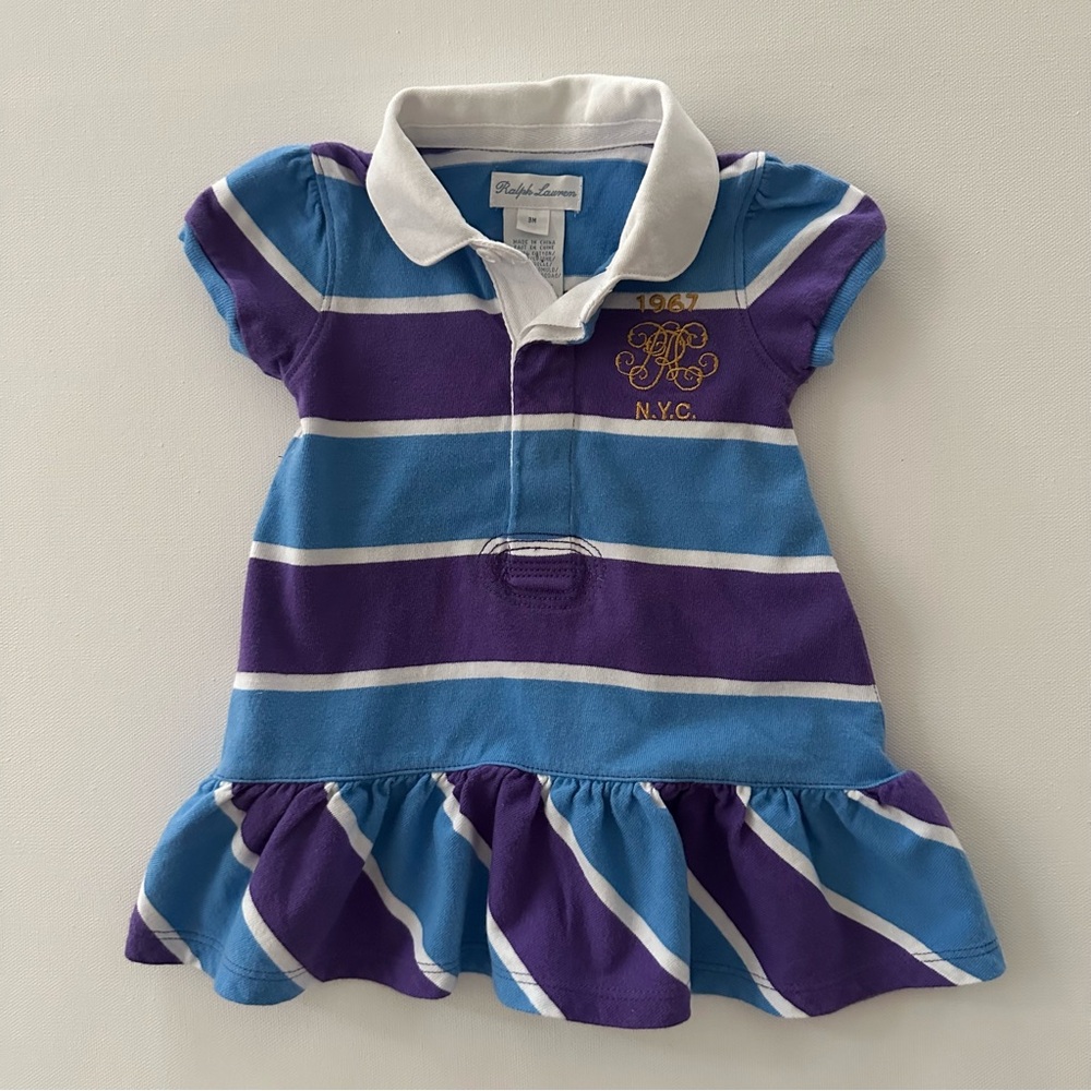 Ralph Lauren 3 Months Baby Girl Striped Polo Dress Purple Blue